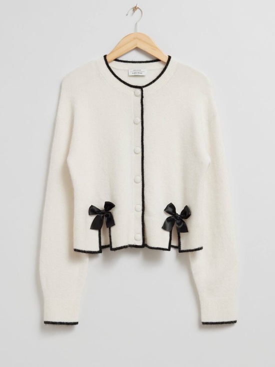 & Other Stories Sweaters - & Other Stories Cream Cropped Cardigan with Black Trim and Ribbon Bows
